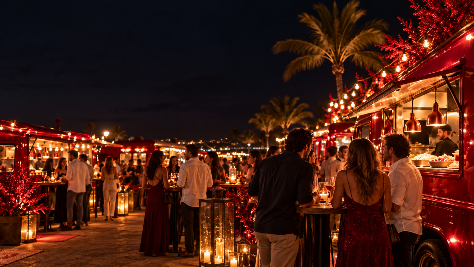 Mercado navideño nocturno con puestos gastronómicos